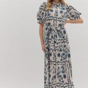 NWT Entro Ink Blue Floral Midi Dress with Puff Sleeves & Tie Waist